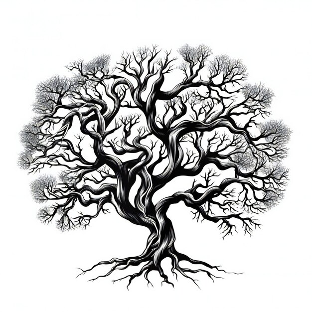 Photo hand drawn tree black white silhouette