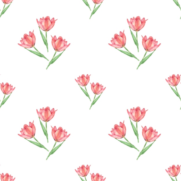 Photo hand drawn tulip seamless pattern watercolor flowers seamless texture isolated in white background