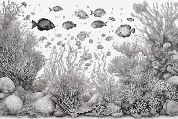 Hand drawn underwater natural elements Sketch of reef corals and swimming fishes