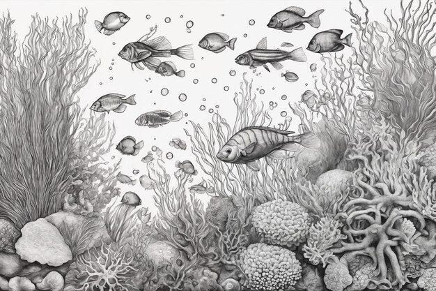 Photo hand drawn underwater natural elements sketch of reef corals and swimming fishes