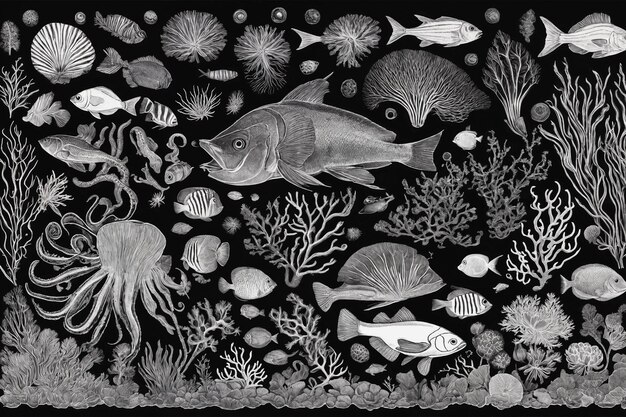 Hand drawn underwater natural elements Sketch of reef corals and swimming fishes