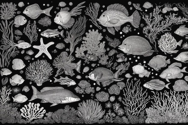 Hand drawn underwater natural elements Sketch of reef corals and swimming fishes