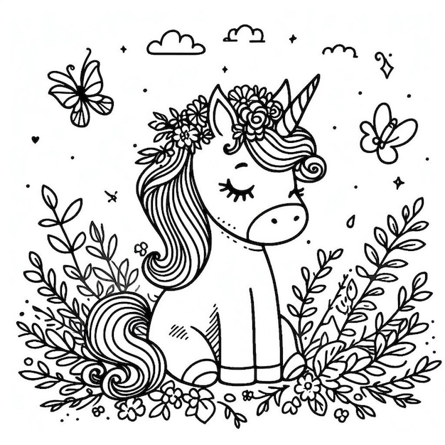 Photo hand drawn unicorn outline illustration