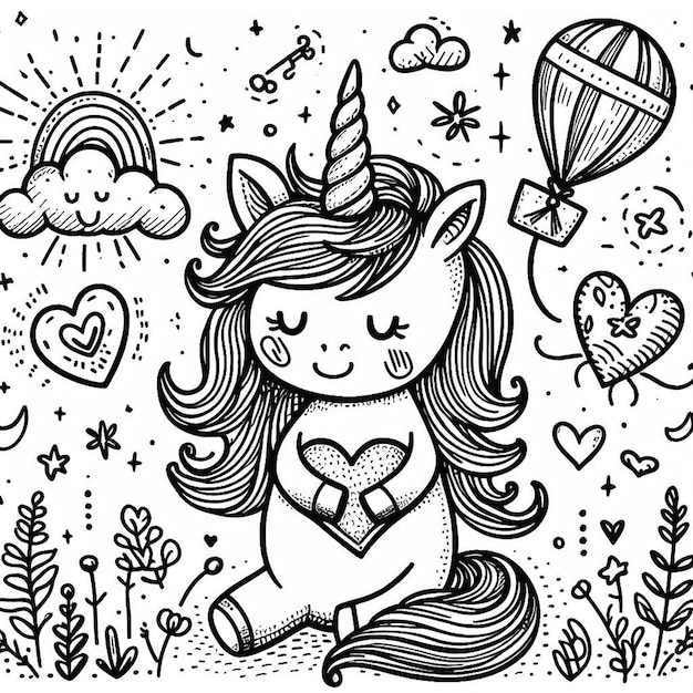 Photo hand drawn unicorn outline illustration