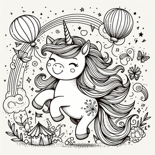 Photo hand drawn unicorn outline illustration