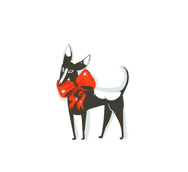 Ручной обращается вектор абстрактные развлечения Счастливого Рождества мультфильм значок иллюстрации с млекопитающих счастливая собака в праздничном костюме рождественской елки, изолированные на белом фоне.
