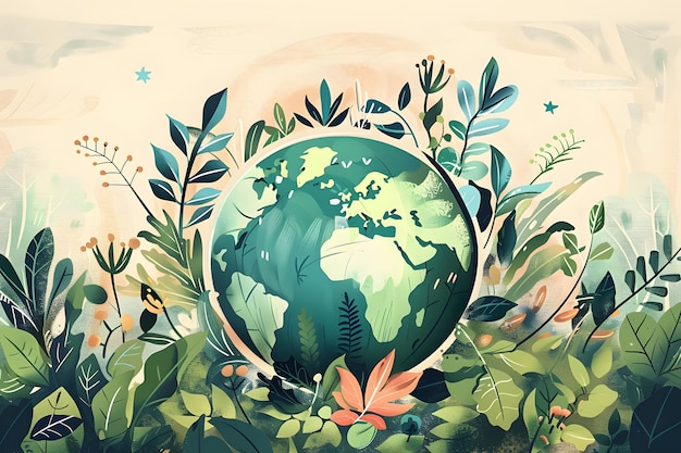 背景に熱帯の葉や植物が描かれた地球の手描きのベクトルイラスト繁栄する緑の中の地球