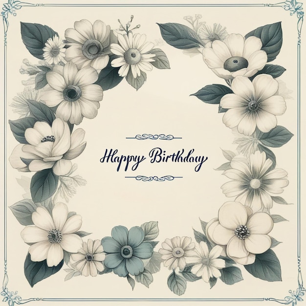 Hand drawn vintage birthday greeting template with hand drawn flowers remixed from collection