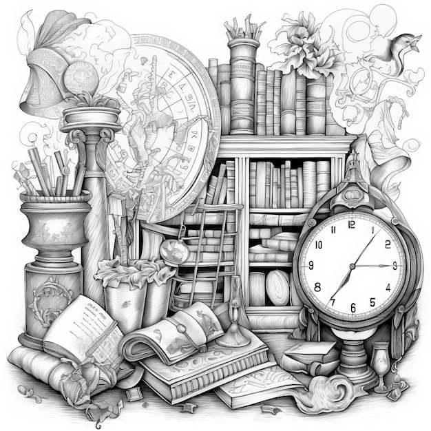 Hand drawn vintage fairy tale library with alarm clock Abstract monochrome illustration in outline surrealism style Generative AI