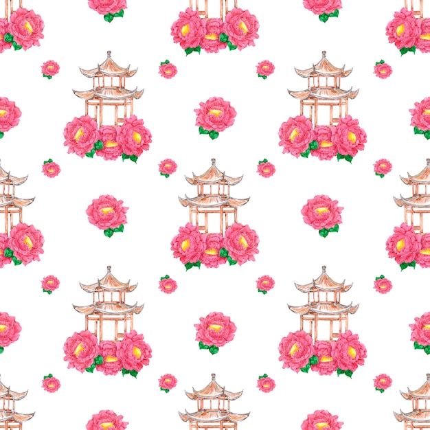 Hand drawn watercolor arbor with peony seamless pattern Oriental illustration isolated on white background Can be used for cards prints textile wrapping