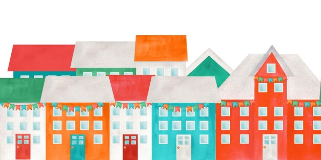 Hand drawn watercolor banner with houses in a raw