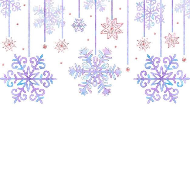 Foto acquerello disegnato a mano bellissimi fiocchi di neve confine del telaio isolato su sfondo bianco può essere utilizzato per carte etichette banner e altri prodotti stampati