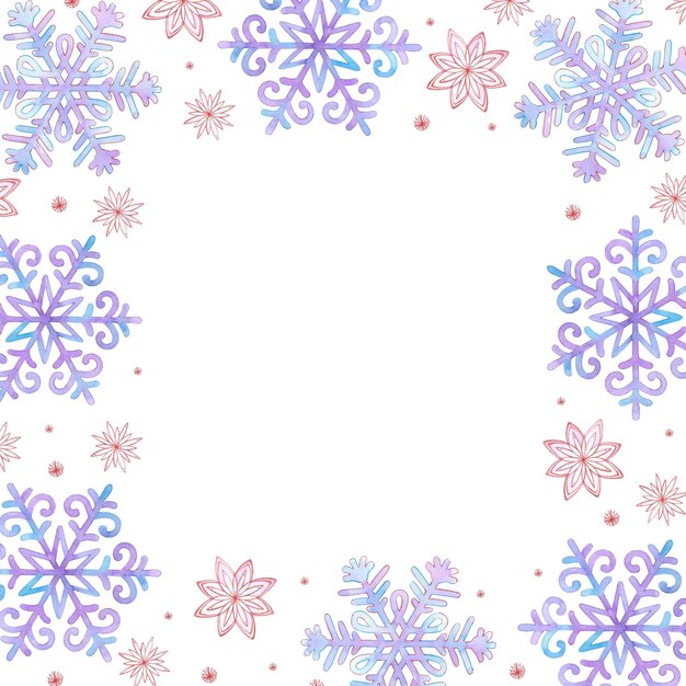 Foto acquerello disegnato a mano bellissimi fiocchi di neve confine del telaio isolato su sfondo bianco può essere utilizzato per carte etichette banner e altri prodotti stampati