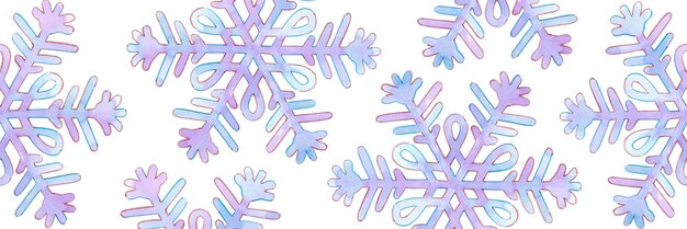 Hand drawn watercolor beautiful snow flakes seamless border isolated on white background Can be used for textile labels banner and other printed products