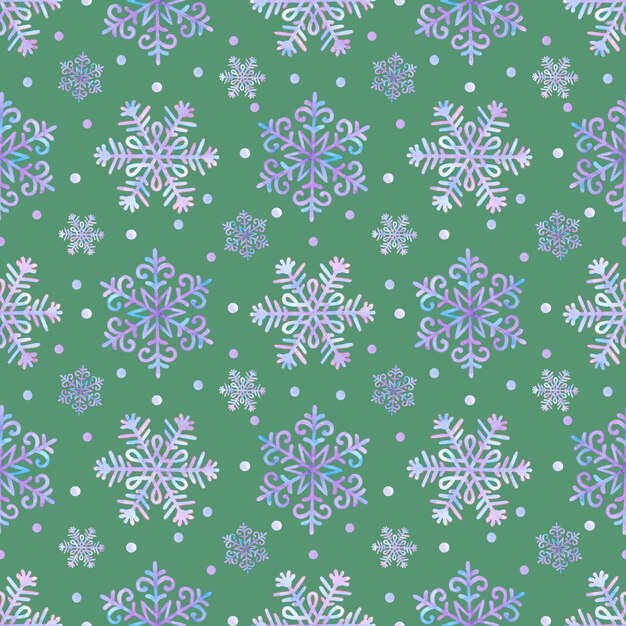 Hand drawn watercolor beautiful snow flakes seamless pattern isolated on green background Can be used for textile fabric and other printed products