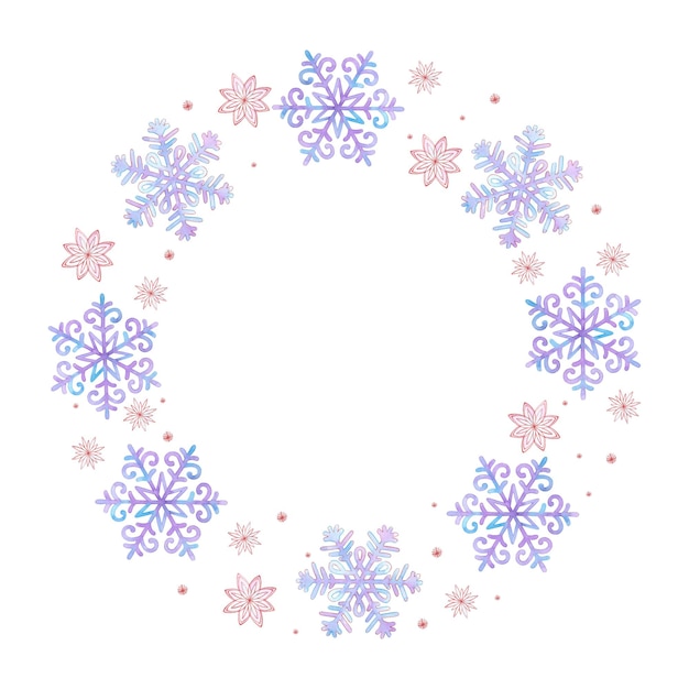 Photo hand drawn watercolor beautiful snow flakes wreath frame border isolated on white background can be used for cards labels banner and other printed products