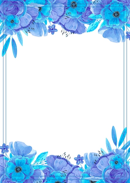 Hand drawn watercolor blue flowers and leaves post card Isolated on white Can be used for cards banners invitations label