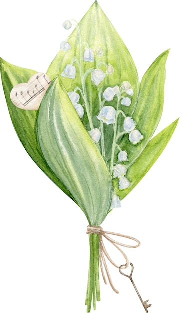 Photo hand drawn watercolor bouquet of lily of the valley