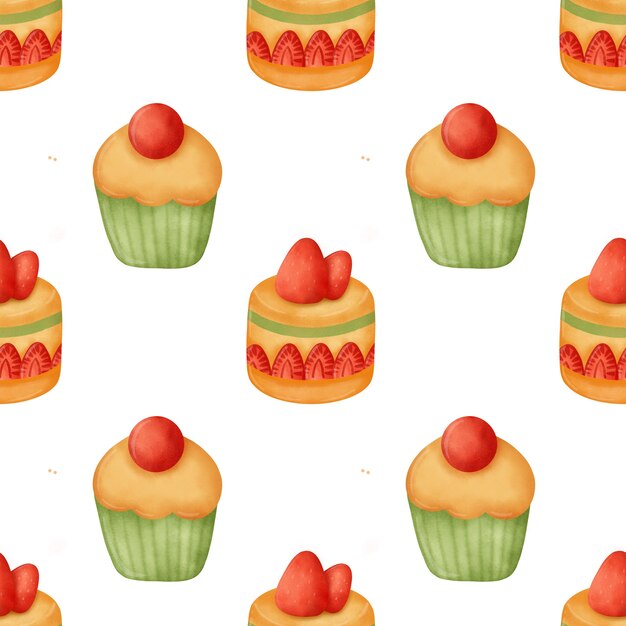 Hand drawn watercolor cakes seamless patterns.