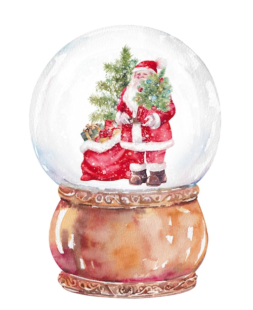 hand drawn watercolor christmas glass ball with santa claus fir trees and a full sack of gifts