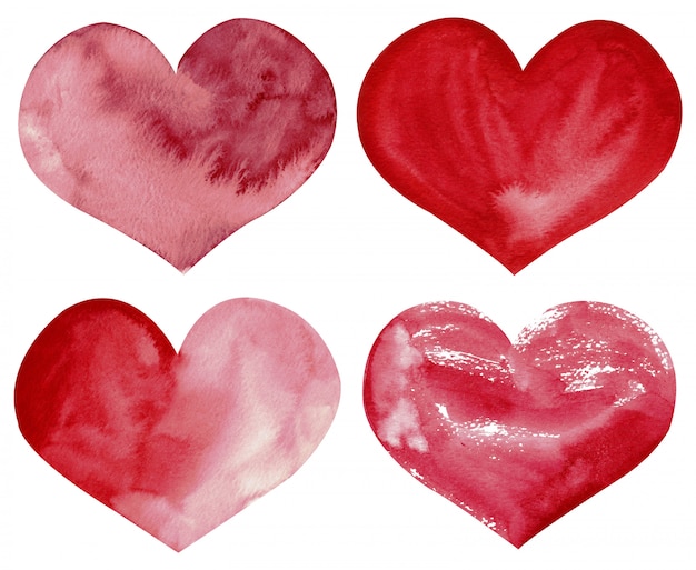 Hand-drawn watercolor clipart of red and pink hearts isolated on the white background.