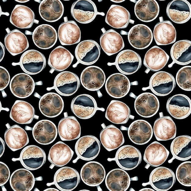 Hand drawn watercolor coffee cup seamless background.