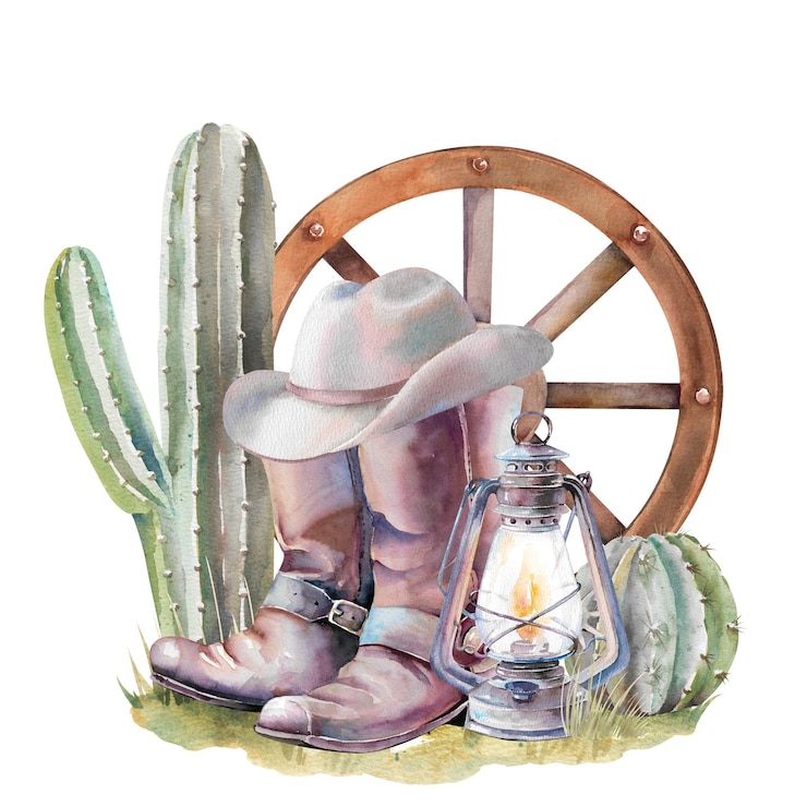 Photo hand drawn watercolor cowboy accessories leather boots lantern wheel cacti and felt hat clipart
