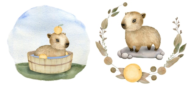 Hand Drawn Watercolor Cute Animal Baby Capybaras Set