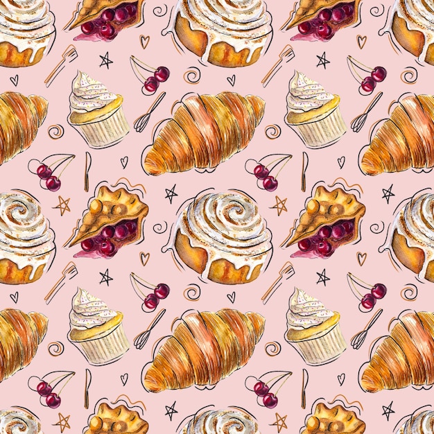 Hand drawn watercolor doodle bakery pattern with a cinnamon roll a cherry pie a croissant