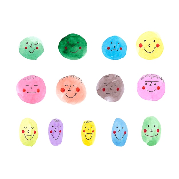 Hand drawn watercolor emoji colorful faces isolated on white background Can be used for stickers label children textile and other printed products