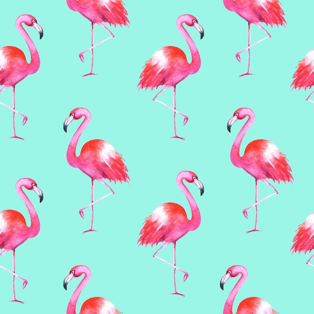 Photo hand drawn watercolor flamingos seamless pattern on blue background