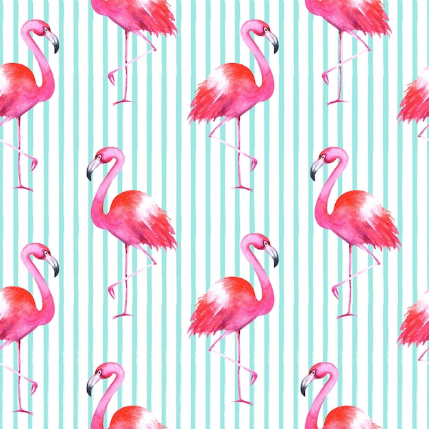 Photo hand drawn watercolor flamingos and stripes seamless pattern on white background