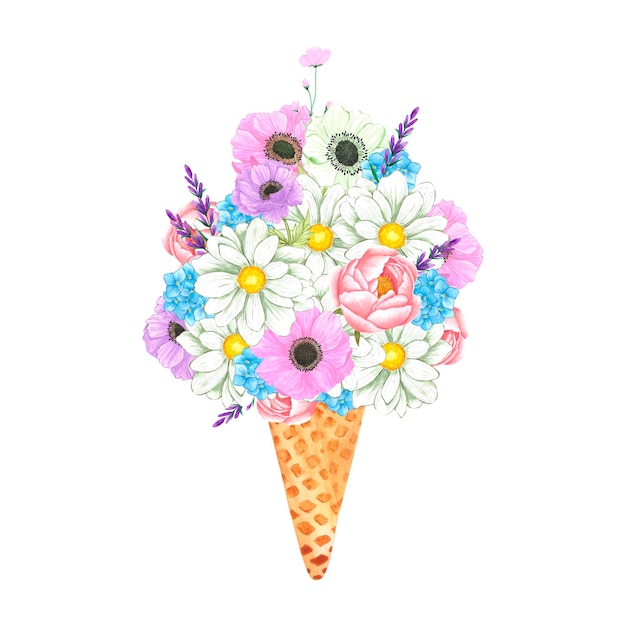 Hand drawn watercolor flowers bouquet in ice cream cone isolated on white background Can be used for post card label and other printed products
