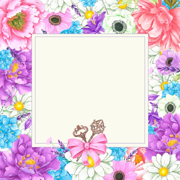 Hand drawn watercolor flowers with vintage keys frame border isolated on white background Can be used for post card label and other printed products