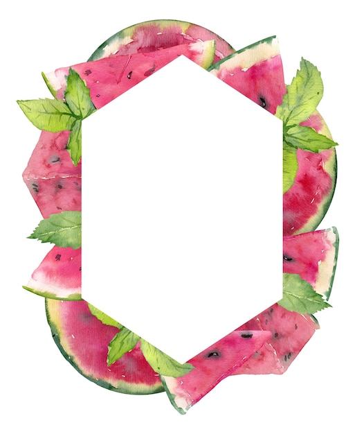 Hand drawn watercolor frame of juicy watermelon slice