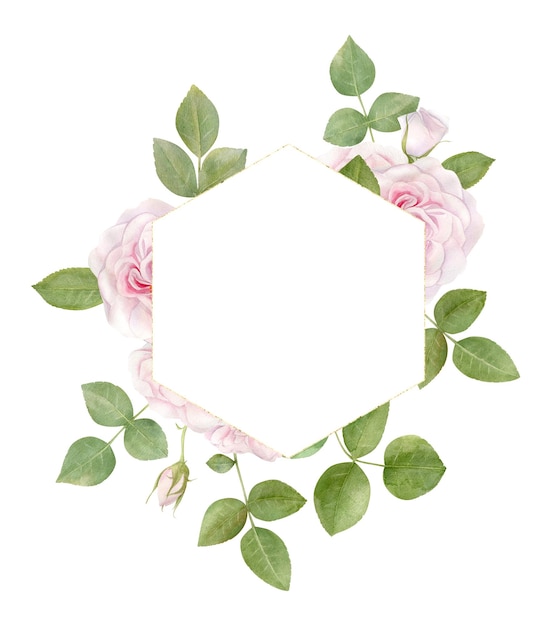 Hand drawn watercolor frame with pink rose flowers