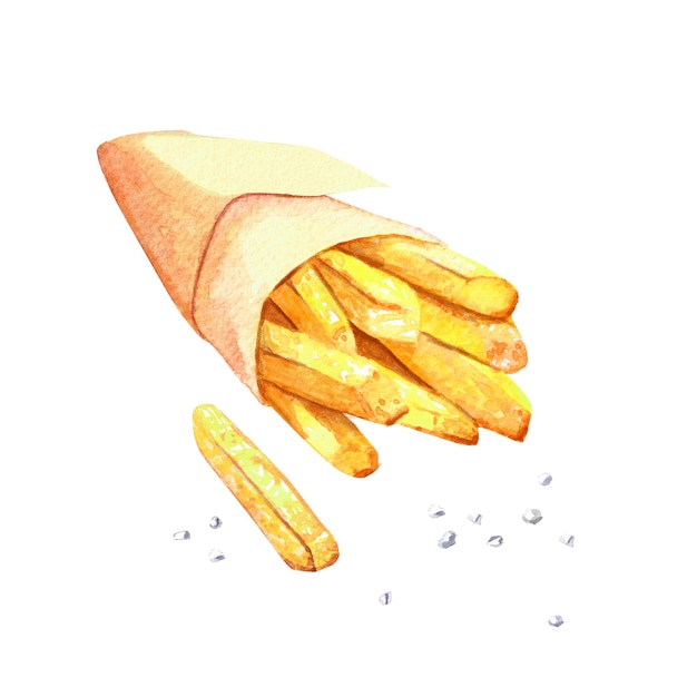 Hand drawn watercolor french fry in paper wrapping with salt, delicious fast food illustration, isolated on white background.