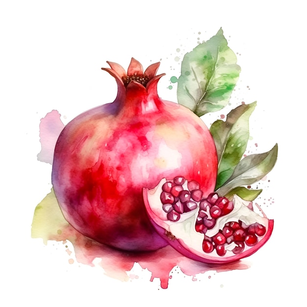 Hand drawn watercolor fruits isolated on white background of red pomegranate watercolor sketch image