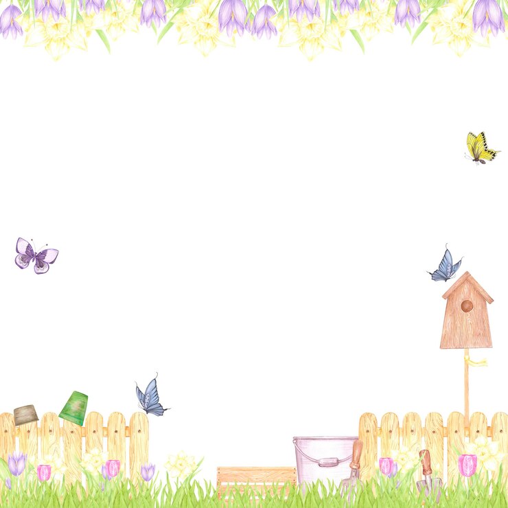 Hand drawn watercolor garden frame border with blooming flowers fence and butterflies isolated on white background Can be used for postcard label scrapbook and other printed products