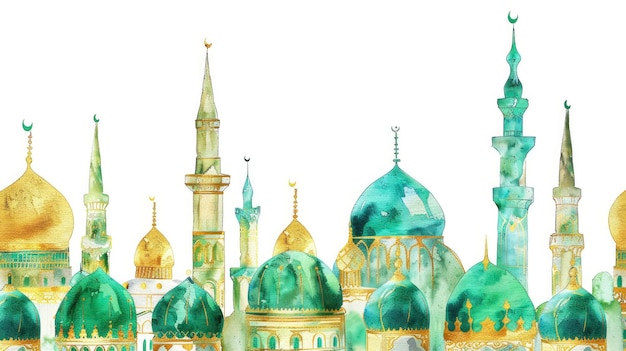 Hand drawn watercolor green and golden mosques background