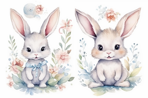 Hand drawn watercolor happy easter set with bunnies design rabbit bohemian style isolated boho