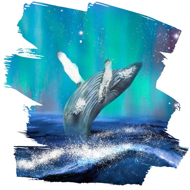 Hand drawn watercolor humpback whale