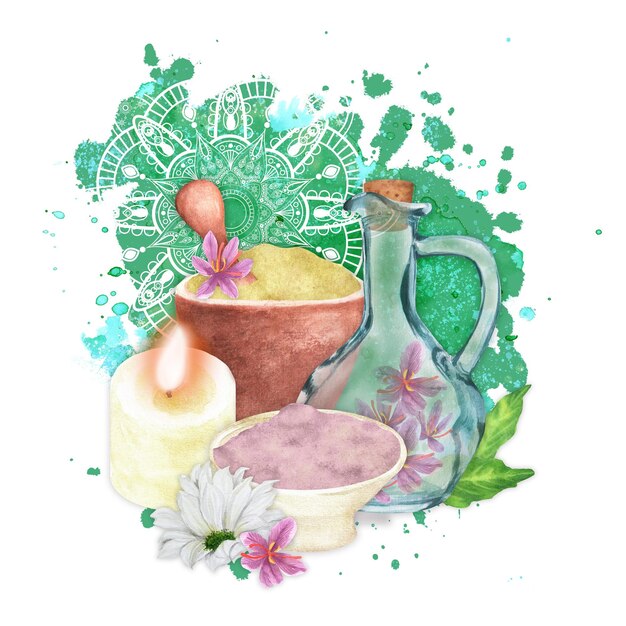 사진 허바와 사프란 꽃 세라믹 박격포와 손으로 그린 수채화 그림 아유르베다 유리 용기