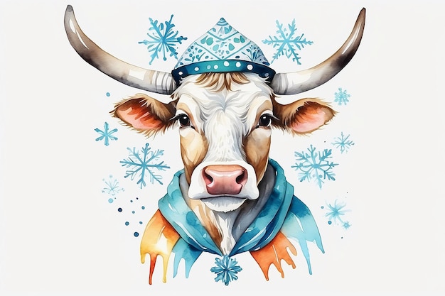 Hand drawn watercolor illustration clipart cow in carnival costume of snowflake isolated on white ba