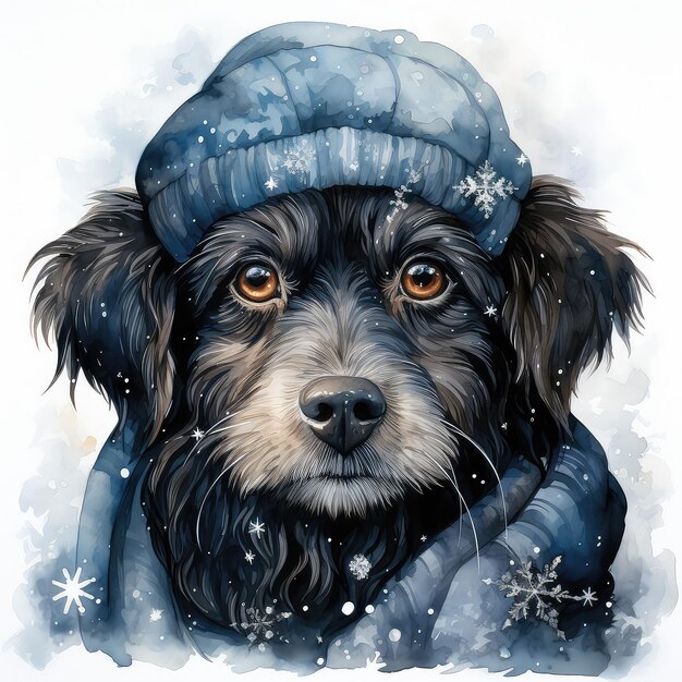 Hand drawn watercolor illustration clipart dog in carnival costume of snowflake