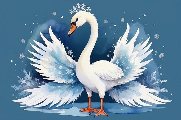 Photo hand drawn watercolor illustration clipart swan in carnival costume of snowflake