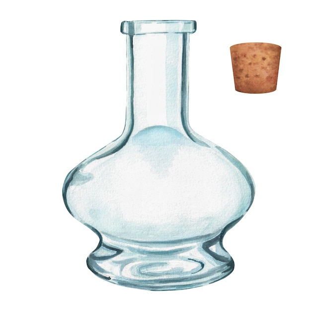 Hand drawn watercolor illustration of crystall clear glass bottle with stopper an illustration to co