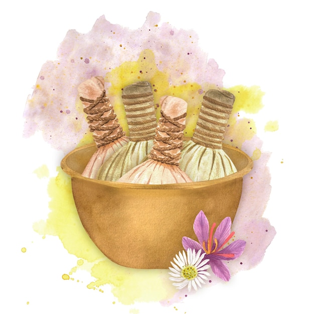 Hand drawn watercolor illustration of metallic bowl made of brass with massage herbal balls this is