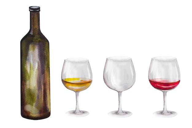 Photo hand drawn watercolor illustration wine glasses with red and white wine