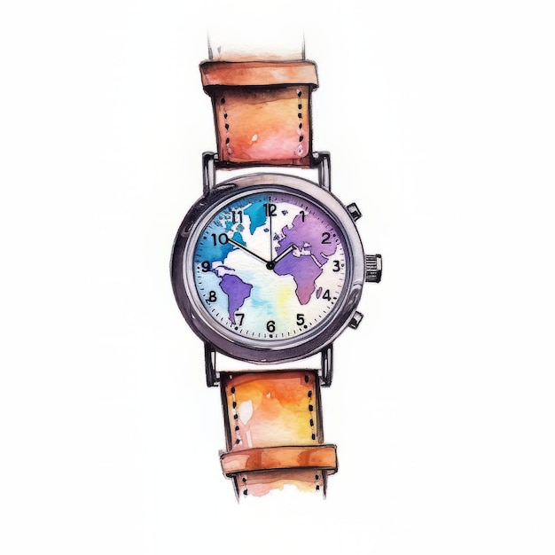 Hand drawn watercolor illustration of a wristwatch with world map